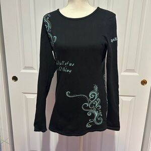 Alp N Rock Black Long Sleeve Top with light teal design